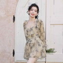 ワンピース水着 レディース 体型カバー 細見え 長袖 バックレス 花柄 ハイストレッチ パッド付き ノンワイヤー ナイロン ポリエステル フィットネス スポーツ スイムウェア リゾート