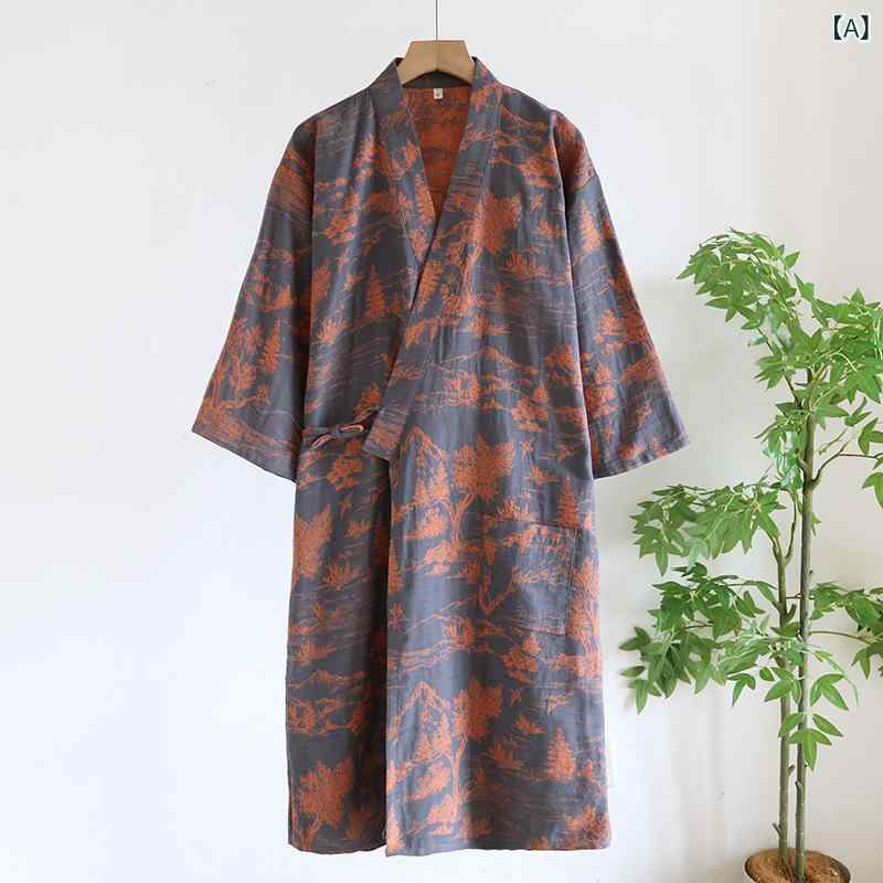 浴衣 メンズ 春夏 和風 ルームウェア 綿100% ガーゼ 先染め ジャカード織り バスローブ ビッグサイズ ゆったり パジャマ 通気性 Vネック