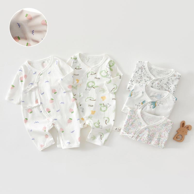 ロンパース 新生児 ベビー 長袖 夏 薄手 綿 コットン 斜め襟 紐タイプ 前開き 腹巻き付き お腹保護 カバーオール 室内着 冷房対策 蝶々型 肌に優しい