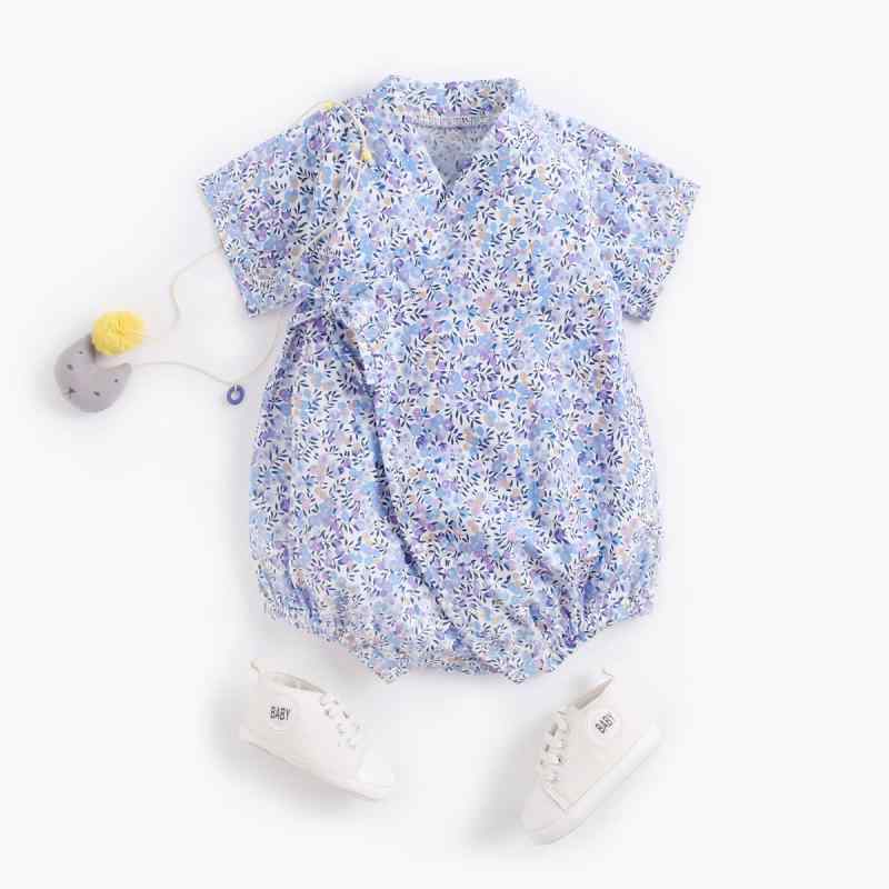 ロンパース ベビー 新生児 カバーオール 夏服 半袖 花柄 小花柄 綿100% コットン 男女兼用 パジャマ ルームウェア 甚平 対襟 紐止め