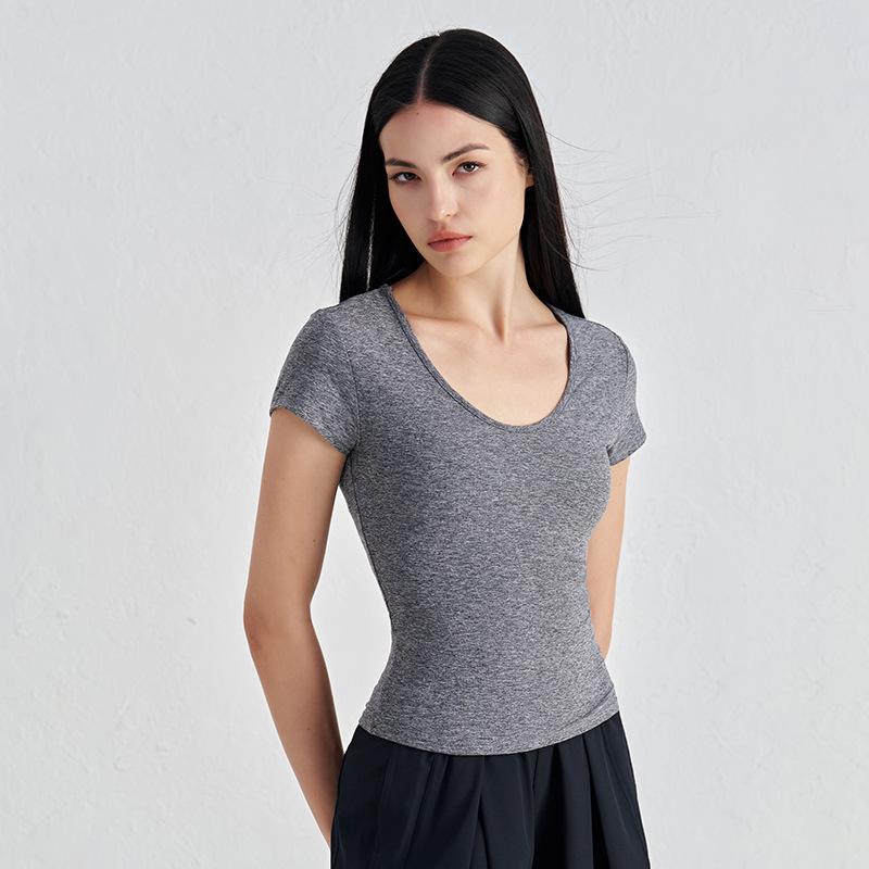 半袖トップス レディース Uネック ヨガウェア スリムフィット ショート丈 ウエストマーク スポーツウェア 高級感 シンプル 快適 肌触り良い 通気性 軽量 ノンストレス ナイロン ストレッチ フィットネス 普段使い 春夏