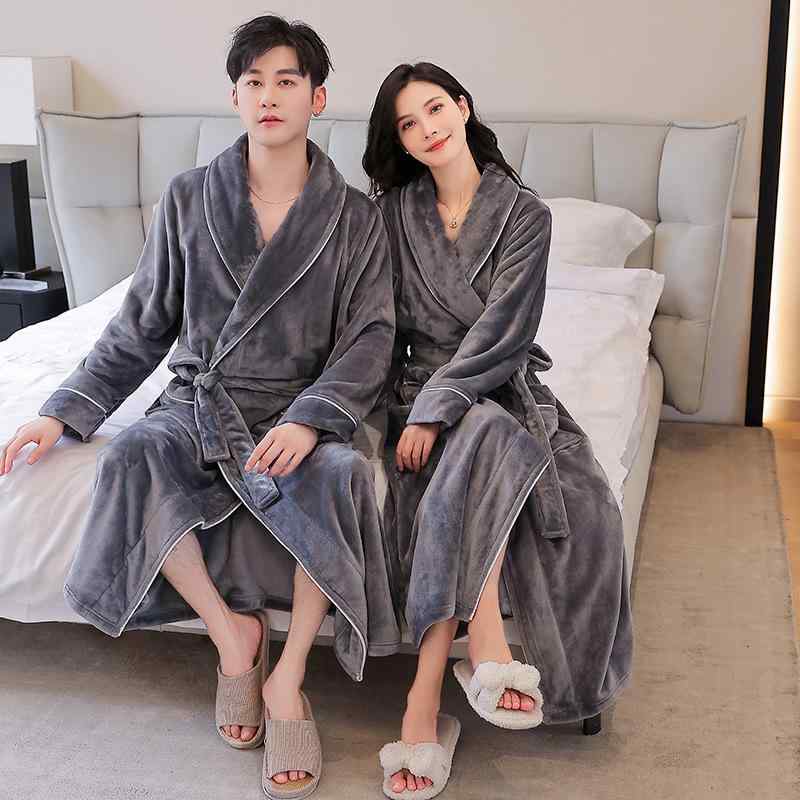 ガウン カップル ペア ルームウェア パジャマ レディース メンズ 厚手 ロング丈 フランネル サンゴフリース ポリエステル素材 保温 快適 肌触り 抗菌 襟付き 高級感 秋冬