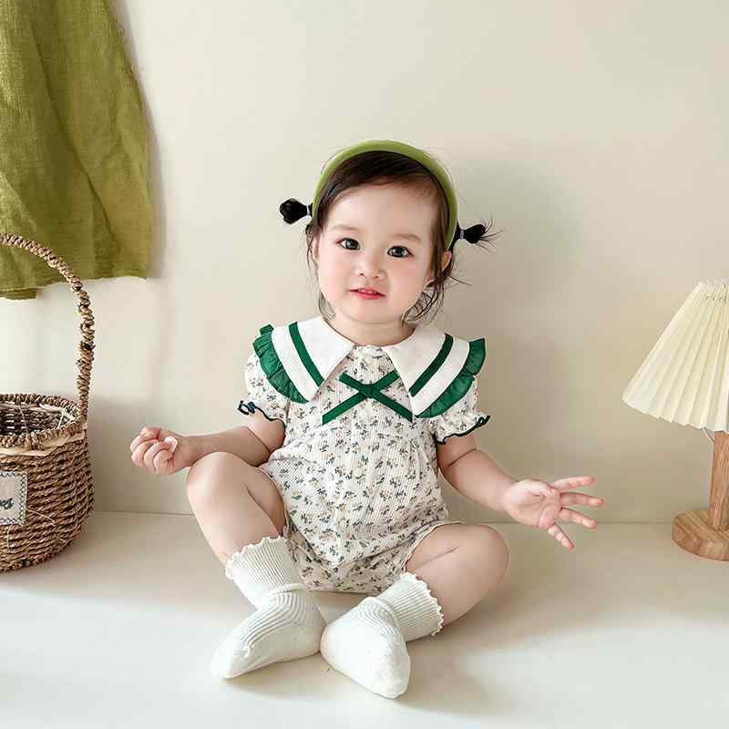 ベビー服 新生児 女の子 ロンパース 夏用 田園風 ナチュラルスタイル 襟付き 前開きボタン 半袖 薄手 ポリエステル素材 アプリコット