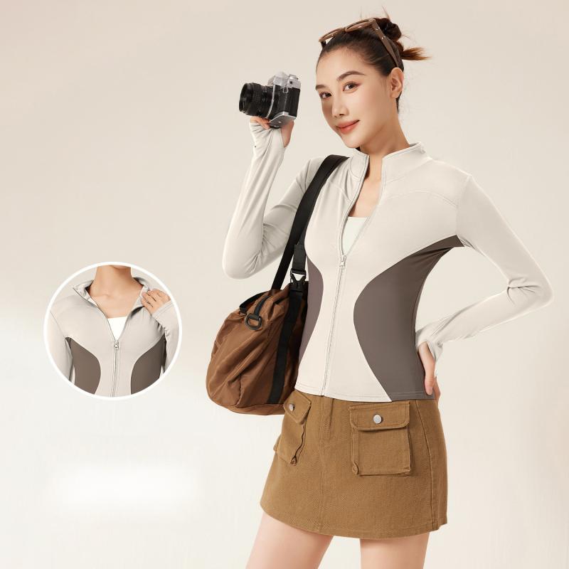 ヨガトップス レディース ピーチカラー 切り替え スリムフィット スタンドカラー 細見え ジップアップ ..