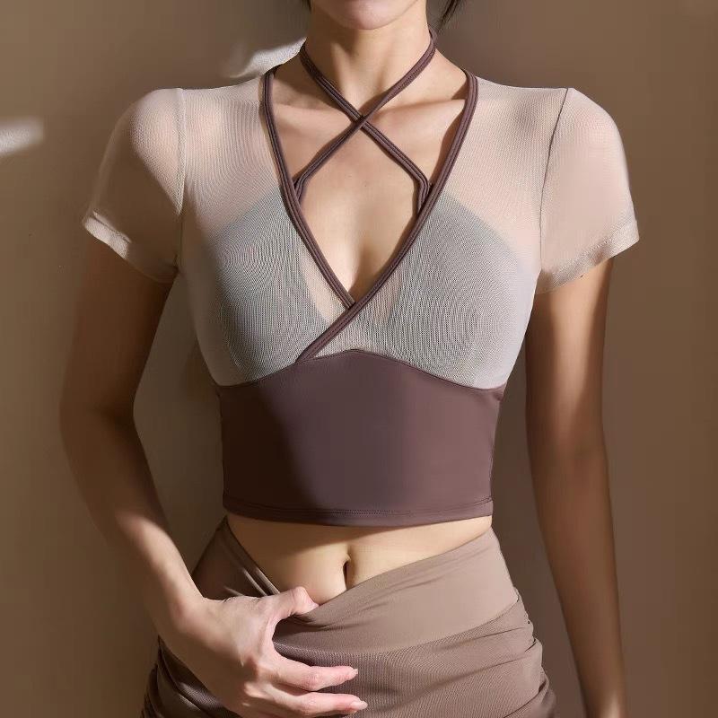 Tシャツ レディース 半袖 フェイクレイヤード メッシュ ヨガウェア ランニング フィットネス スポーツウェア シアー 吸湿速乾 高伸縮性 トップス スリムフィット