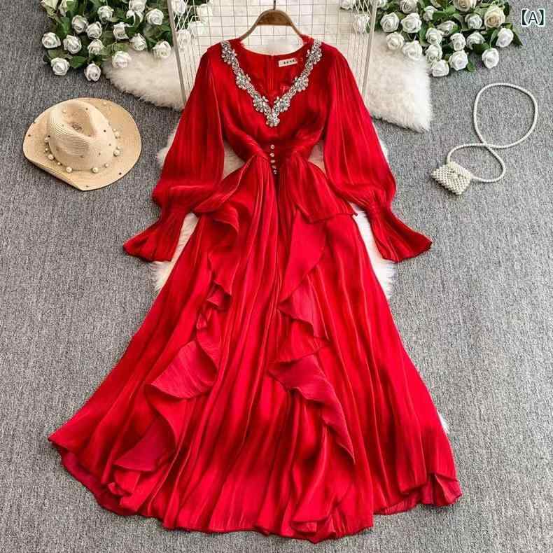 ワンピース レディース フレンチスタイル 高級感 エレガント シフォン ロング丈 ビーズ刺繍 ラインストーン Vネック ウエストマーク ハイウエスト Aライン フレアスリーブ 宮廷風 春夏