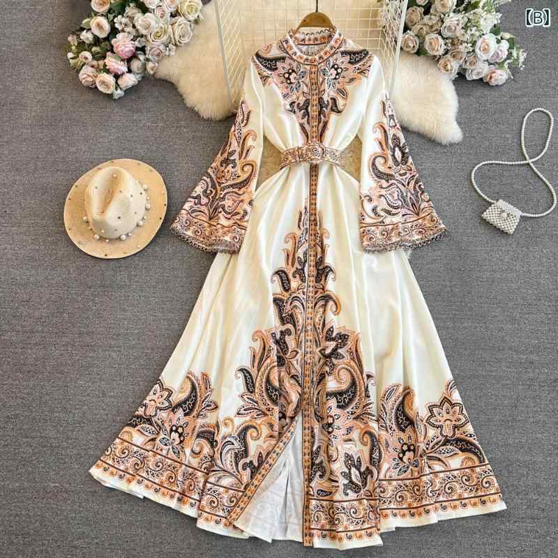 ワンピース Aライン 高級感 上品 エレガント ベルスリーブ 立ち襟 ウエストマーク 着痩せ スリム見え フロントボタン 青磁柄プリント ミモレ丈 ロング丈 フォーマルドレス パーティードレス お呼ばれ 結婚式 セレモニー 秋冬