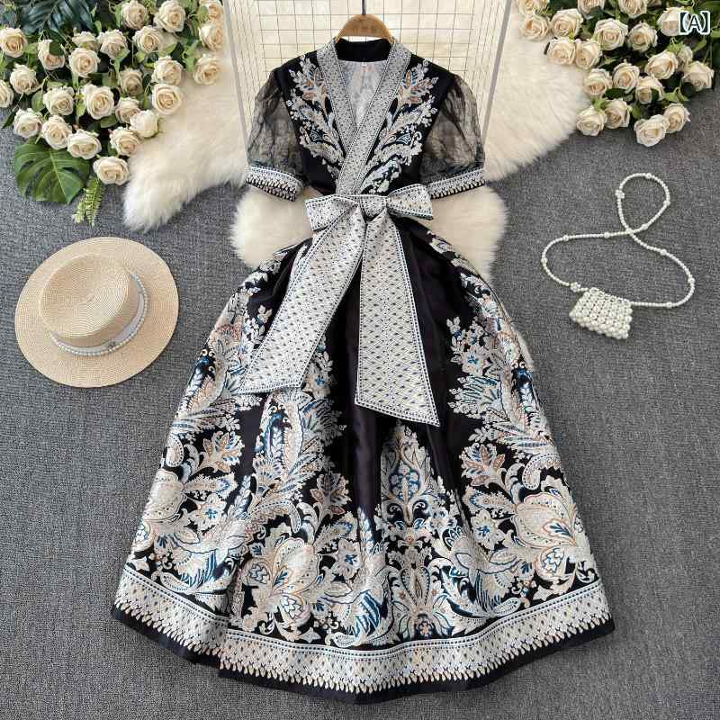 ワンピース レディース 春夏 レトロ フェミニン エレガント ドレス デザイン 刺繍 花柄 プリント リボン ウエストマーク ハイウエスト 半袖 Vネック ミディ丈 Aライン ポリエステル きれいめ