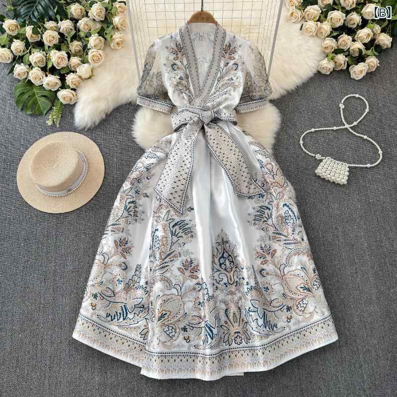 ワンピース レディース 春夏 レトロ フェミニン エレガント ドレス デザイン 刺繍 花柄 プリント リボン ウエストマーク ハイウエスト 半袖 Vネック ミディ丈 Aライン ポリエステル きれいめ