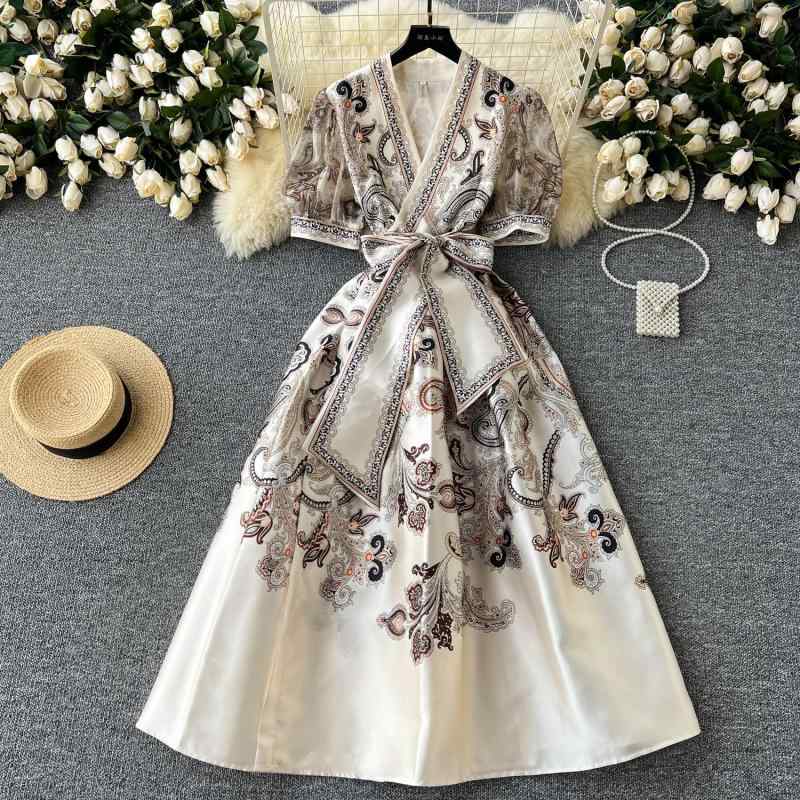 ワンピース レディース 宮廷風 エレガント フレンチスタイル Vネック パフスリーブ ウエストリボン ウエストマーク ハイウエスト プリント Aライン ロング丈 ポリエステル パーティードレス 通勤 春夏 アプリコット