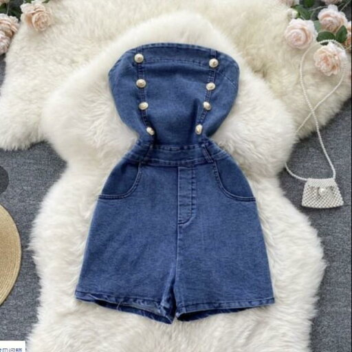 オールインワン レディース デニム ショートパンツ ベアトップ チューブトップ ボタン飾り 着痩せ効果 スリム 細見え タイトフィット ブルー 青 ポリエステル オールインワン レディース デニム ショートパンツ ベアトップ チューブトップ ボタン飾り 着痩せ効果 スリム 細見え タイトフィット ブルー 青 ポリエステル