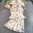 セットアップ レディース 早春 高級感 レトロ クラシック 花柄プリント フェミニン ランタンスリーブ ブラウス シフォン ミディ丈 スカート ツーピース 通勤 オフィス きれいめ エレガント ポリエステル アプリコット ブラック