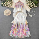 セットアップ レディース 春夏 ギャザートップス 花柄プリント プリーツロングスカート 2点セット きれいめ 上品 若見え 体型カバー ポリエステル グレー ブ...