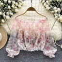ブラウス レディース オフショルダー 小花柄 シアー メッシュ レース 長袖 フレンチロマンティック 上品 エレガント 小柄向け 透け感 軽やか 普段使い 春夏