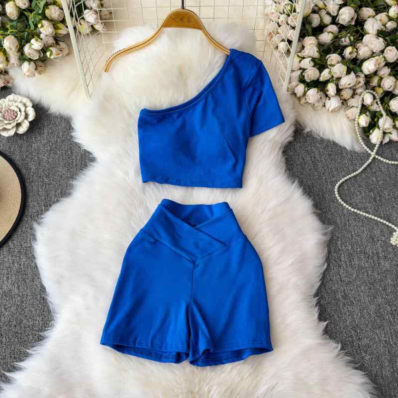 セットアップ レディース ワンショルダー 半袖 クロップド丈 おしゃれ デザイン Tシャツ カットソー スリムフィット 着痩せ 細見え タ..