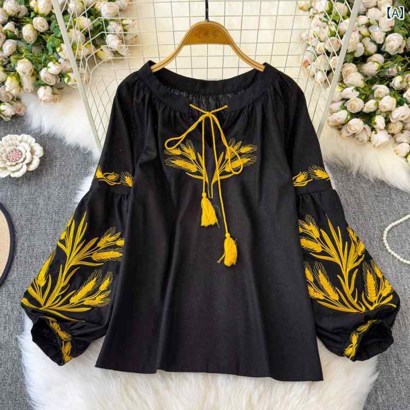ブラウス レディース レトロ エスニック 刺繍 リボン 長袖 ゆったり ルーズフィット 細見え 若見え チュニック 綿麻 リネン 切り替え ラウンドネック 通勤 オフィス カジュアル 普段使い 春夏のサムネイル