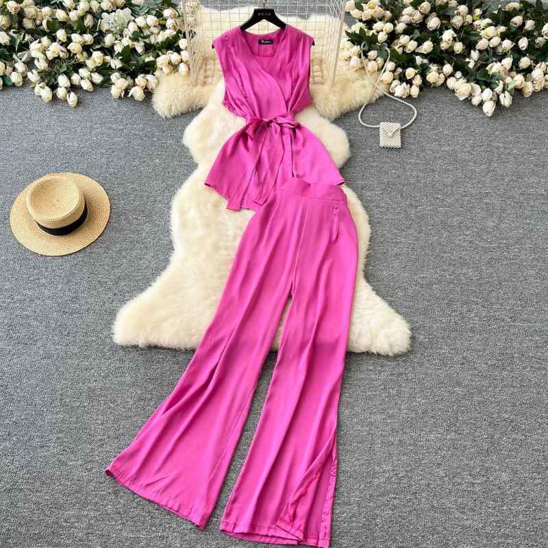 パンツセットアップ レディース 春夏 きれいめカジュアル 通勤 無地 ノースリーブ サテン トップス ハ..