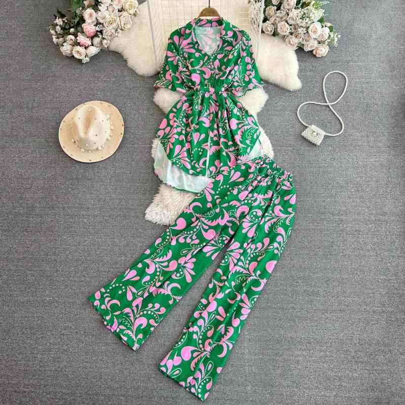 セットアップ レディース 半袖 シャツ ワイドパンツ ハイウエスト 細見え スカル柄 きれいめ 通勤 オフィス フリル袖 アクリル マカロンカラー