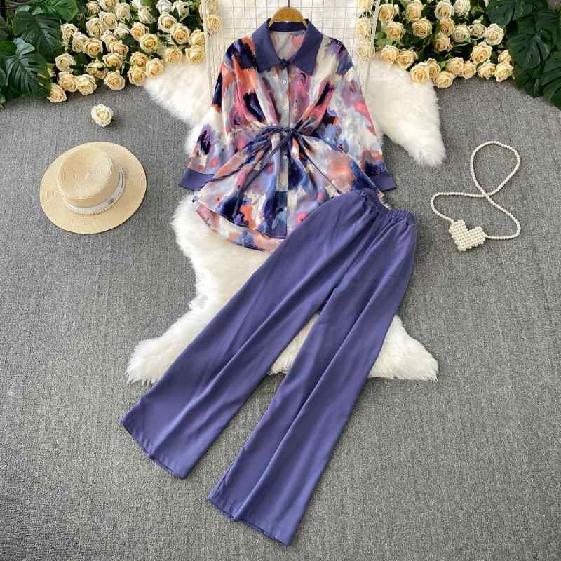 セットアップ レディース エスニック レトロ 絞り染め タイダイ柄 ゆったり ルーズ ウエストマーク 襟..