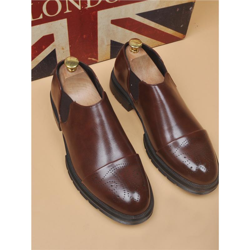 紳士靴 革靴 メンズ 本革 ビジネス カジュアル ブローグ シークレットヒール スリッポン 厚底 ブラウン レトロ 韓国風 無地 通勤 オフィス 普段使い