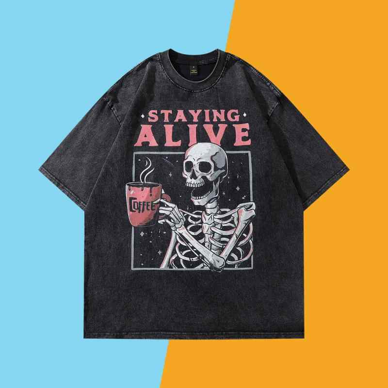 Tシャツ メンズ 半袖 ヴィンテージ風 スカルプリント 綿100% ヘビーウェイト ウォッシュ加工 オーバーサイズ クルーネック ストリートスタイル 春夏 通気性