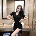 ワンピース レディース セクシー タイト スタイルアップ Vネック アシンメトリー ミニ丈 ブラック ハイウエスト エレガント 通勤 春夏 ポリエステル