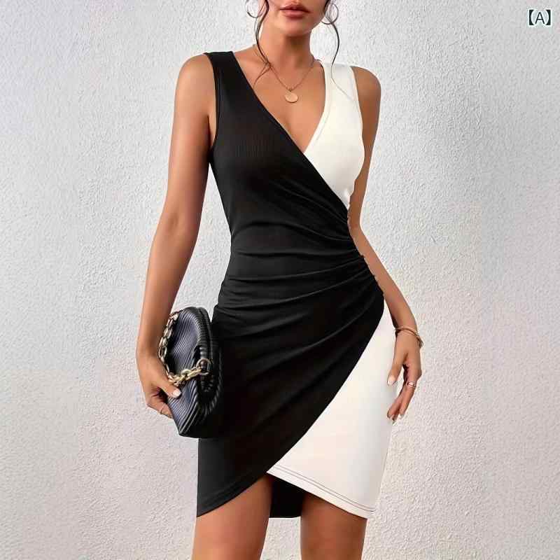 ワンピース レディース 切り替え バイカラー アシンメトリー ノースリーブ スリムフィット セクシー ボディコン ミディ丈 プルオーバー ポリエステル 春夏 ブラック 韓国ファッション
