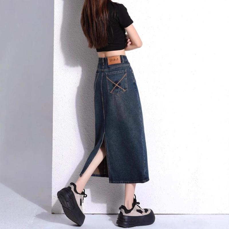 デニムスカート レディース ライトカラー 春秋 ハイウエスト Aライン スリット ミディ丈 トレンド 着回し 万能 カジュアル きれいめ 美脚