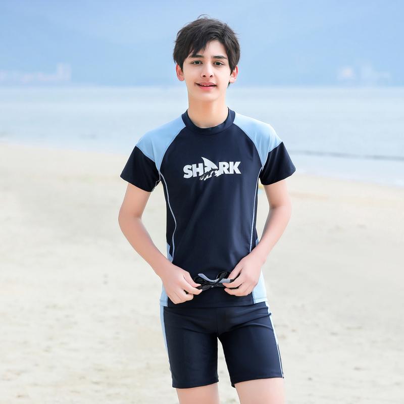 水着 男の子 ジュニア 半袖 セパレート 2点セット 海 プール スイミング ナイロン ポリエステル 無地 ネイビー ブラック
