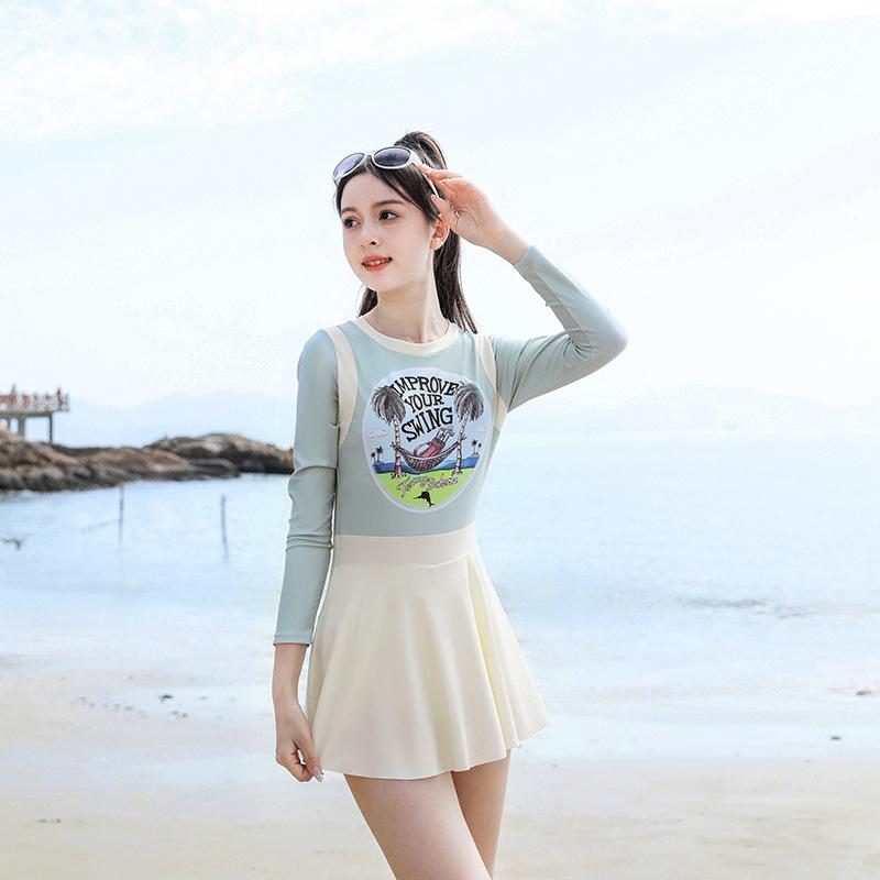 水着 女の子 キッズ ジュニア ガールズ 長袖 ワンピース スカート付き 韓国風 シンプル プール 温泉 リ..