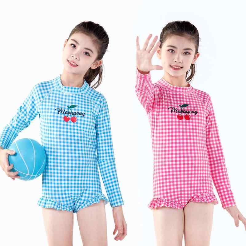 水着 キッズ 女の子 長袖 ワンピース UVカット 紫外線対策 日焼け防止 プール スクール 海 ビーチ ジュニア 小学生 中学生 ポリエステル スパンデックス ピンク ブルー 春夏