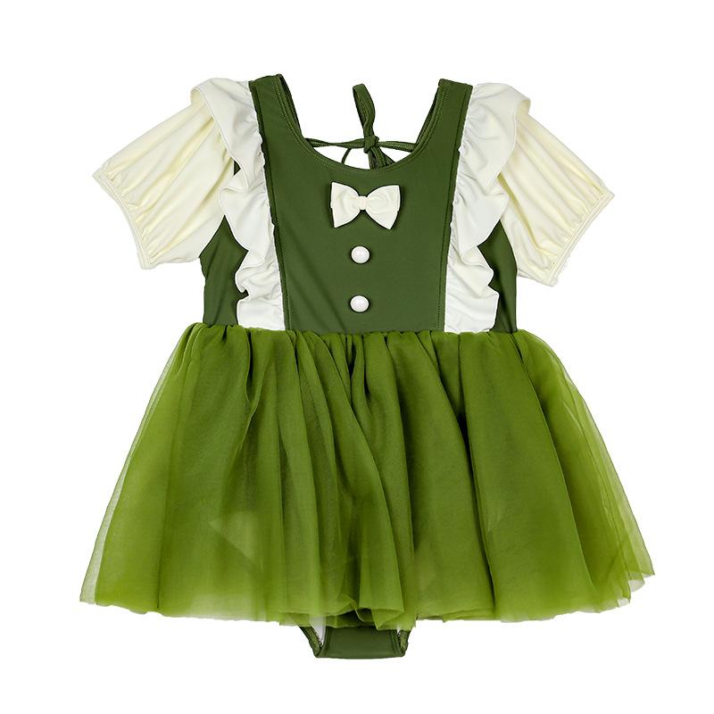 水着 キッズ 女の子 半袖 スカート付き ワンピース 温泉 プール スイムウェア かわいい ガーリー 小学生 幼児 ナイロン グリーン 春夏