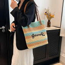 トートバッグ レディース 手編み ストロー 春夏 大容量 通勤 カジュアル 普段使い ミディアムサイズ バケット型 縦長 ワンショルダー レインボー配色 スマホポケット付き(4)