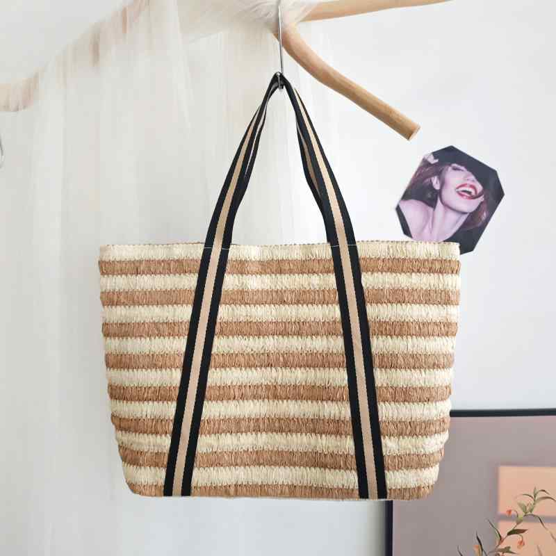 トートバッグ レディース 女性用 大容量 ストライプ柄 ボーダー柄 紙素材 織り込み 編み込み かごバッ..