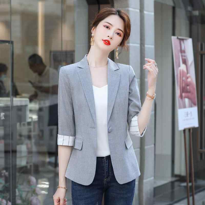 ジャケット レディース 薄手 軽量 ショート丈 七分袖 スリム テーラードカラー カジュアル オフィス 通勤 ビジネス きれいめ ポリエステル スパンデックス ポケット付き 切り替え グレー グリーン系 アプリコット 淡色 春夏