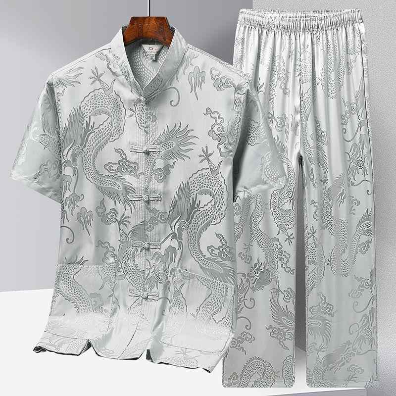 セットアップ メンズ 中高年 男性用 新中国風 半袖 シャツ 接触冷感 ポリエステル 混紡 太極拳ウェア 朝の運動 イージーケア 春夏