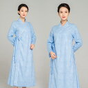 太極拳ウェア レディース リネン 麻 チャイナ風 斜め襟 ロング丈 レトロ 演舞服 舞台衣装 無地 白 黒 ピンク スカイブルー 春夏