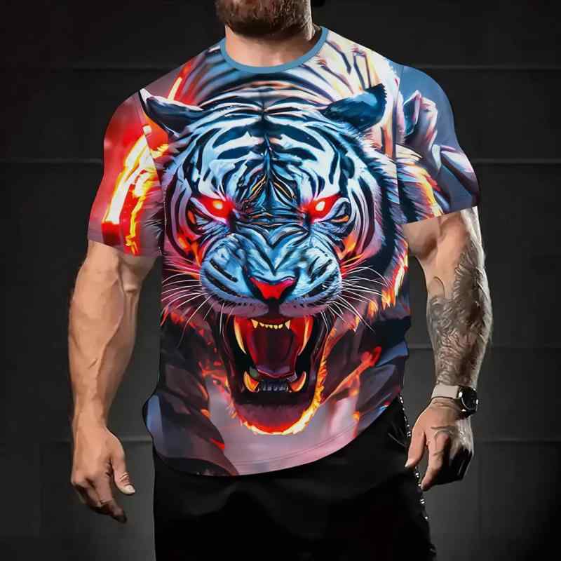 Tシャツ メンズ 半袖 ショートスリーブ 赤目タイガー 3Dプリント クルーネック 丸首 ポリエステル素材 ..