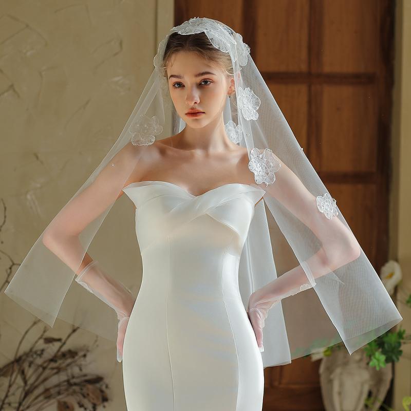 ウェディングベール 花嫁用 シングル レース フラワーモチーフ ブライダル 高級感 清楚 エレガント アイボリー フォトウェディング 撮影 ヘッドアクセサリー ...