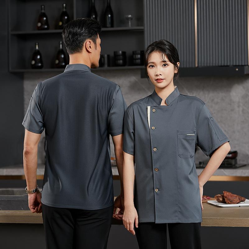 コックコート メンズ 男性 シェフ 調理服 厨房 ホテル レストラン 飲食店 作業服 半袖 ショートスリーブ 吸湿速乾 綿混素材 ブラック 黒 春夏