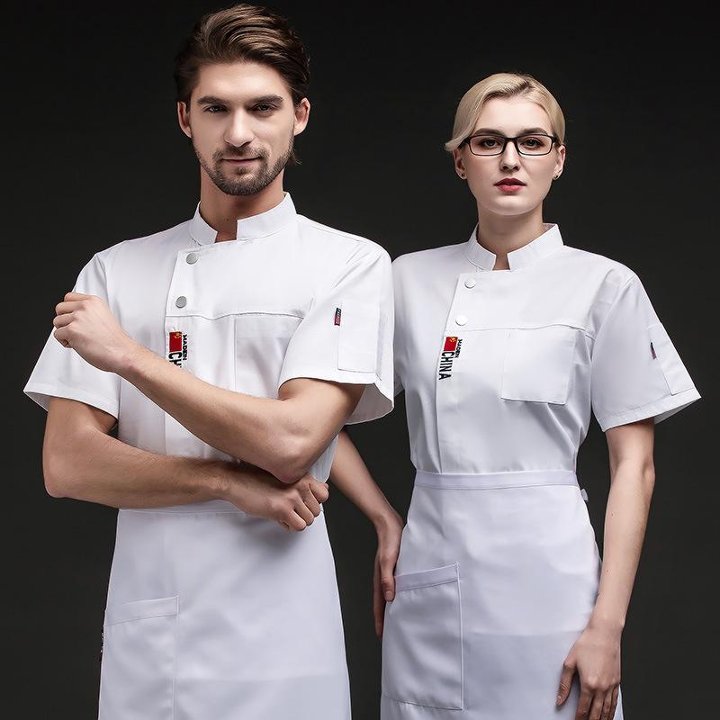 コックコート メンズ 春夏 飲食店 レストラン ホテル 厨房 調理場用 薄手 軽量 半袖 吸湿速乾 綿混 ポリエステル 作業着 ユニフォーム 男女兼用 通気性 白 青 黒