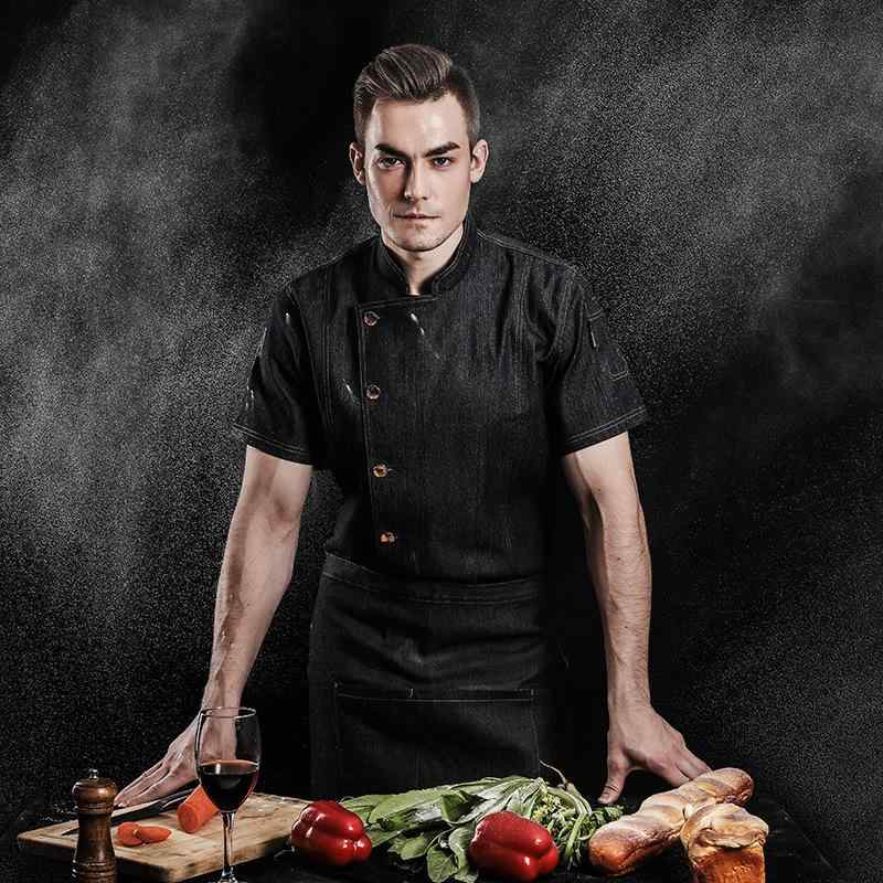 コックコート 男女兼用 半袖 春夏 吸汗速乾 薄手 快適 プロ仕様 ホテル レストラン 飲食店 厨房 調理服 制服 ユニフォーム 綿混 ポリエステル ブルー 黒 業務用 ワークウェア