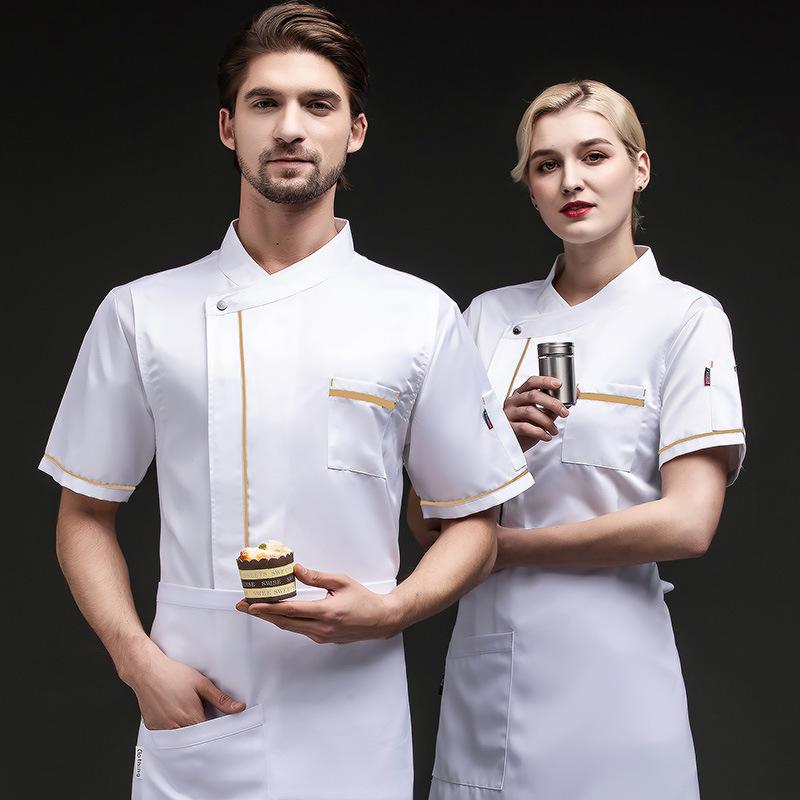 コックコート 調理服 男女兼用 半袖 春夏 飲食店 ホテル レストラン 厨房 カフェ 製菓 惣菜店 制服 ユニフォーム 吸汗速乾 薄手 軽量 通気性 綿混 ポリエステル 白 黒 青