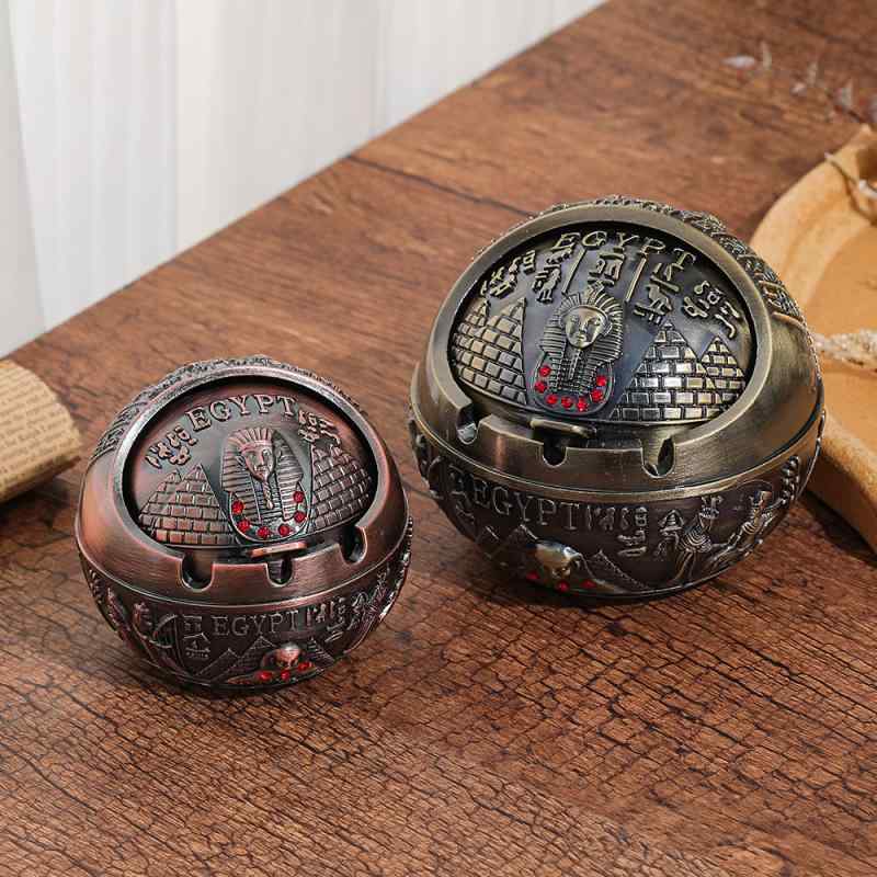 灰皿 エジプト ファラオ レトロ ヴィンテージ 高級感 透かし彫り アルミ合金製 蓋付き 耐熱 おしゃれ ユニーク 卓上 リビング インテリア