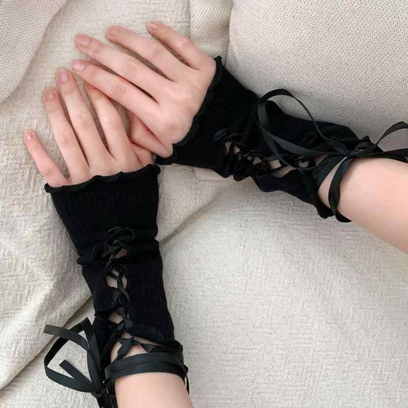 アームカバー レディース Y2K ロリータ バレエ風 レース 薄手 春夏 UVカット 日焼け対策 ギャル 紐付き ロング丈 指なし 白