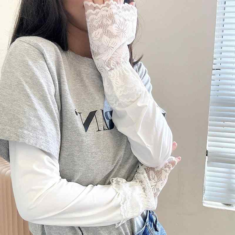 アームカバー レディース 春夏 無地 UVカット 接触冷感 薄手 レース ゆったり 通気性 吸湿速乾 再生繊..