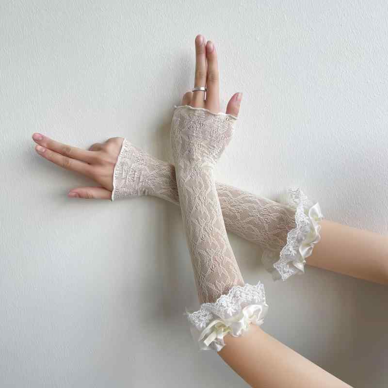 アームカバー 手袋 レディース ロリータ スイート サテン レース リボン 薄手 UVカット 日焼け防止 綿 ..