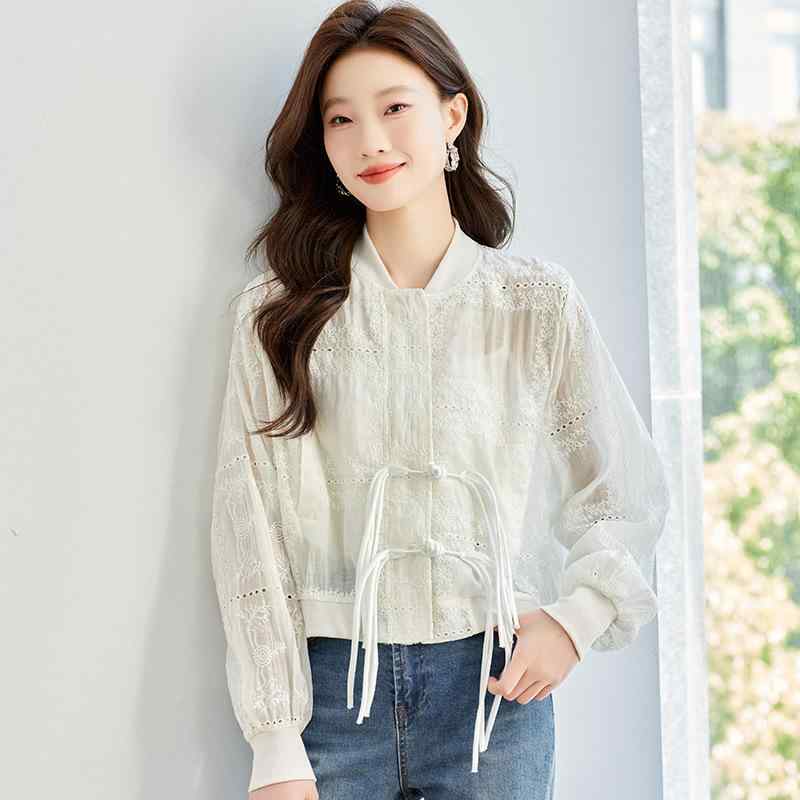 UVカット羽織り レディース 春夏 薄手 ショート丈 ベージュ 白刺繍 レース 切り替え ゆったり 長袖 通気性 チャイナ風 ジップアップ 上品 きれいめ 普段使い