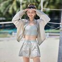 水着 レディース 春夏 セパレート 3点セット カバーアップ付き UVカット 細見え お腹カバー 日焼け防止 温泉 プール ビーチ ナイロン ポリエステル 胸パッド付き ノンワイヤー グリーン ブルー