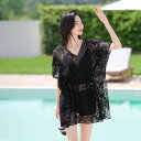 水着 レディース セパレート 3点セット 大きいサイズ プラスサイズ ぽっちゃり 体型カバー 着痩せ効果 ゆったり 温泉 プール 海水浴 マリンスポーツ 高弾性 ナイロン素材 胸パッド付き ノンワイヤー 黒 ブラック 無地 春夏
